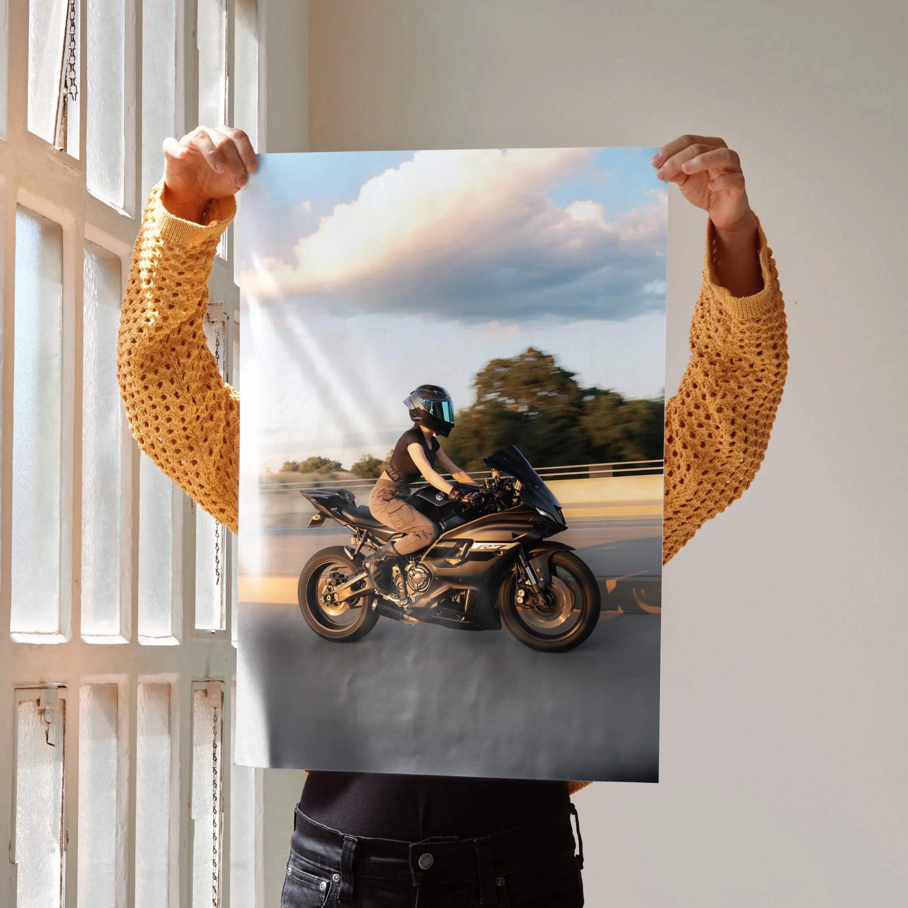 Biker Poster #102 - Female | AGV Pista Helmet | Yamaha R7 Motorcycle | Rolling Shot - Throttle Designs