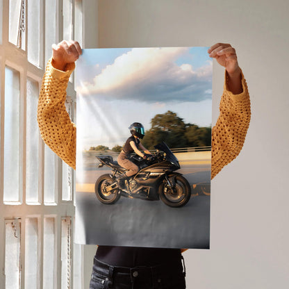 Biker Poster #102 - Female | AGV Pista Helmet | Yamaha R7 Motorcycle | Rolling Shot - Throttle Designs