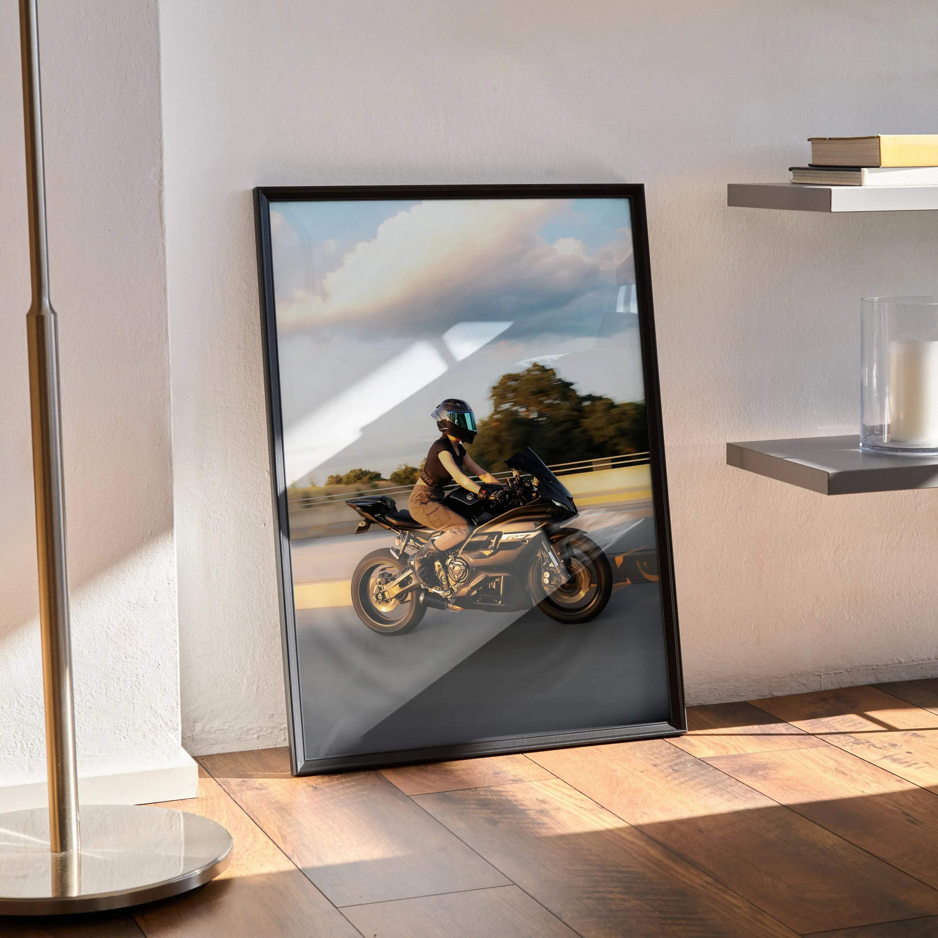 Biker Poster #102 - Female | AGV Pista Helmet | Yamaha R7 Motorcycle | Rolling Shot - Throttle Designs
