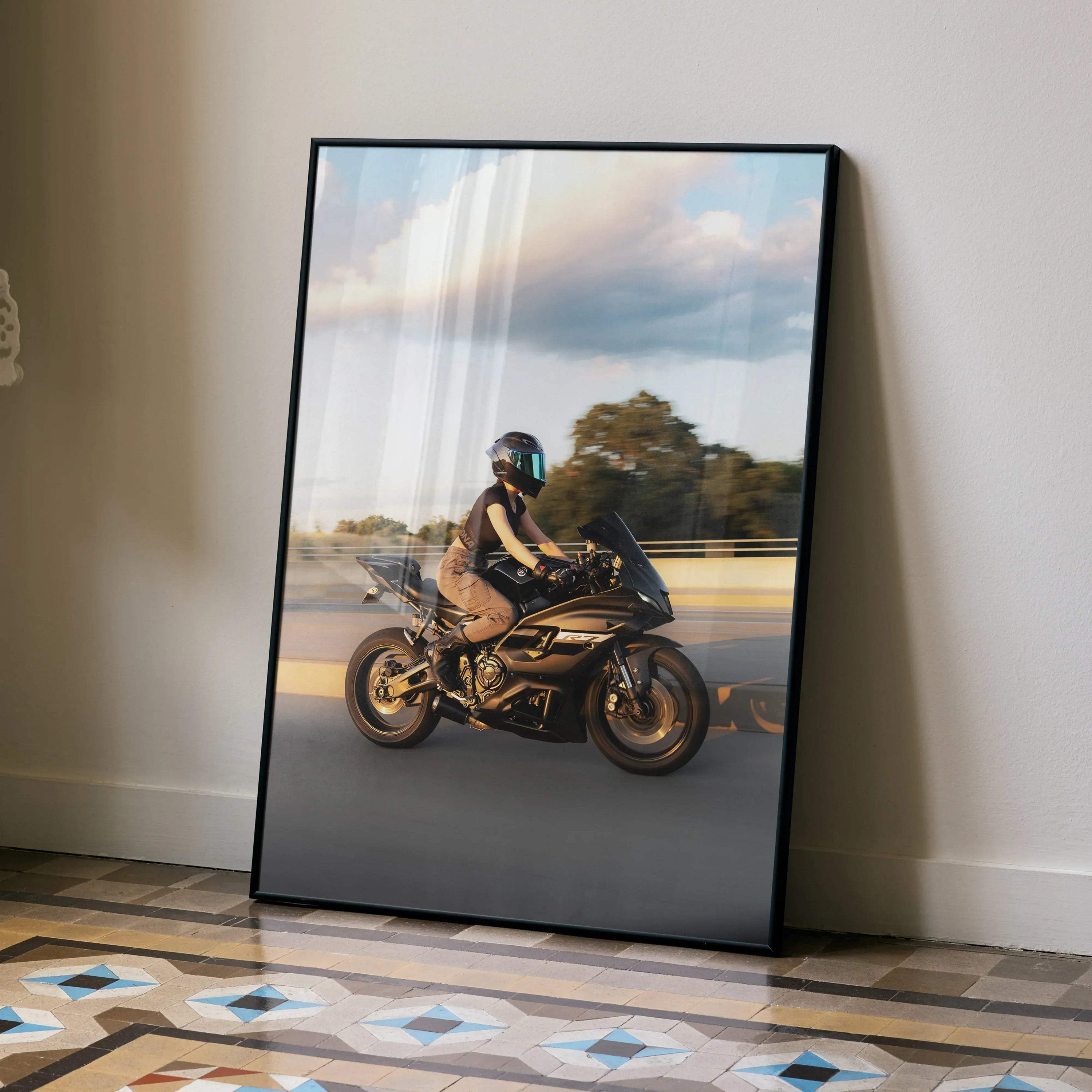 Biker Poster #102 - Female | AGV Pista Helmet | Yamaha R7 Motorcycle | Rolling Shot - Throttle Designs