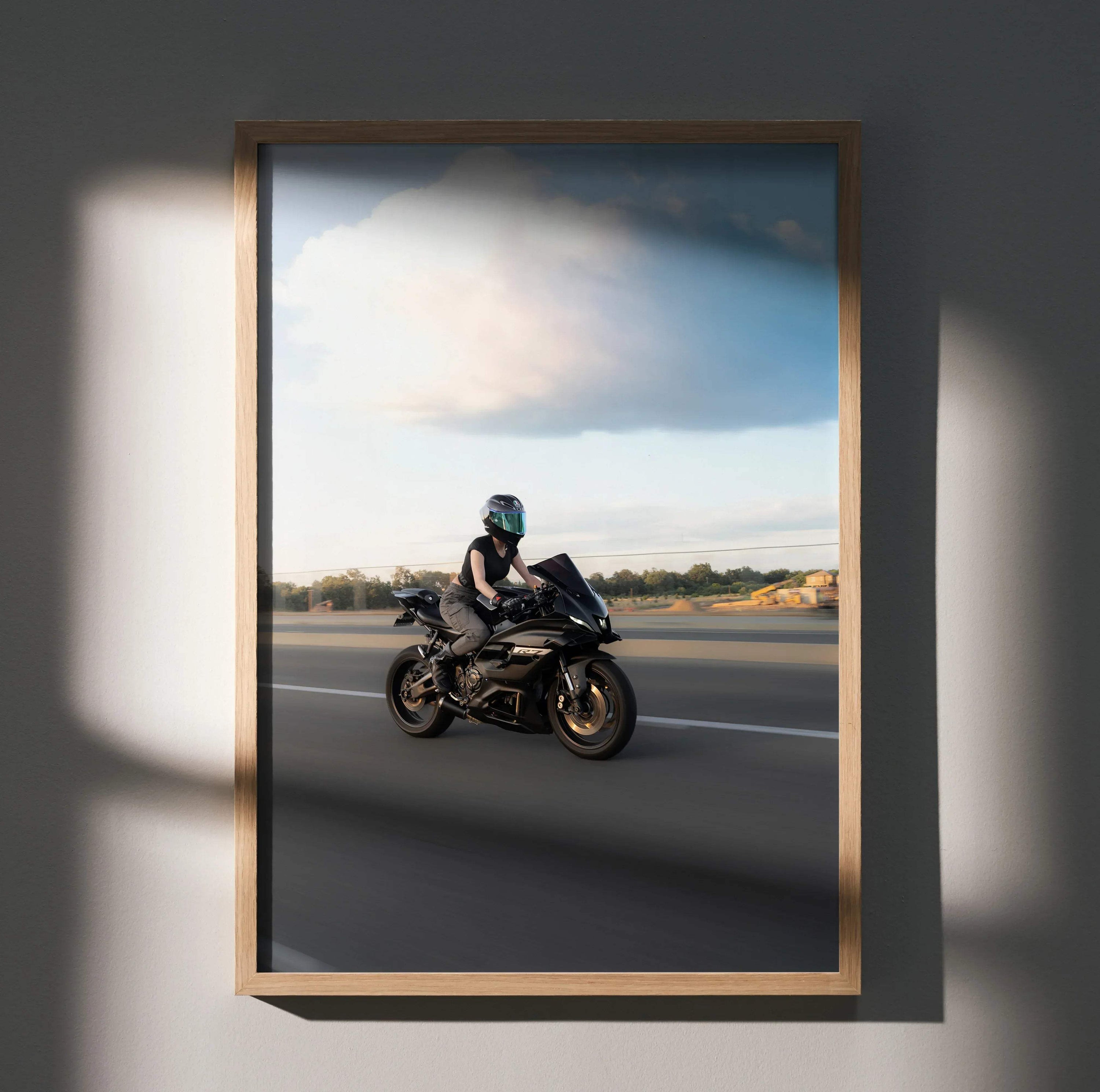 Biker Poster #101 - Female | AGV Pista Helmet | Yamaha R7 Motorcycle | Rolling Shot - Throttle Designs