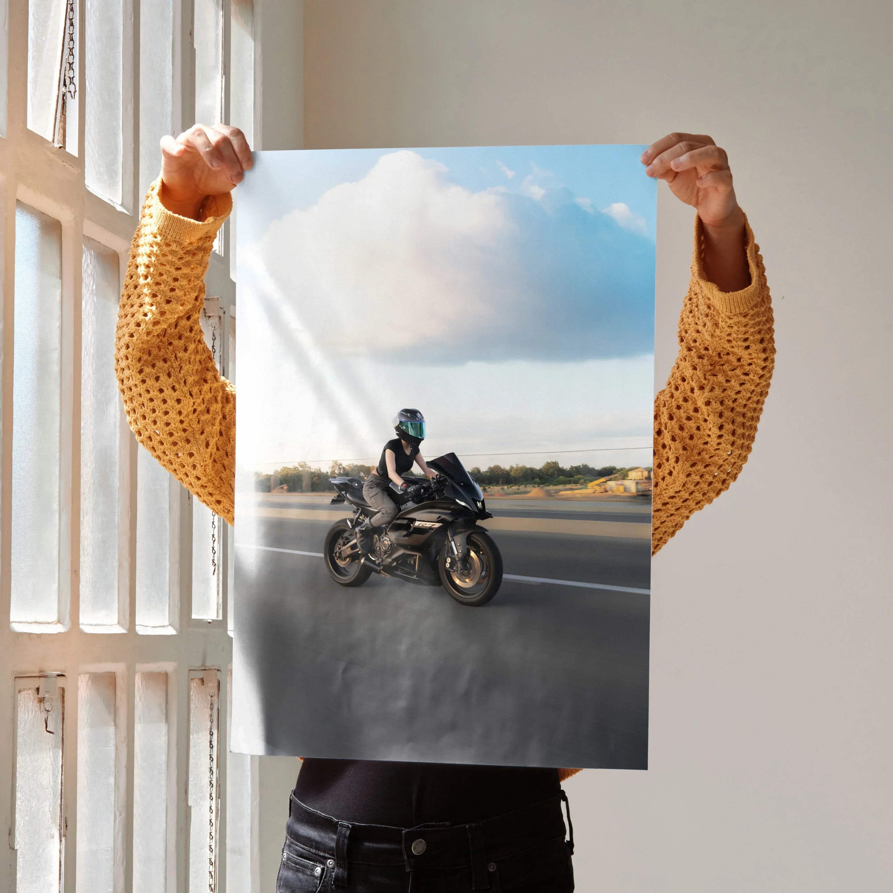 Biker Poster #101 - Female | AGV Pista Helmet | Yamaha R7 Motorcycle | Rolling Shot - Throttle Designs