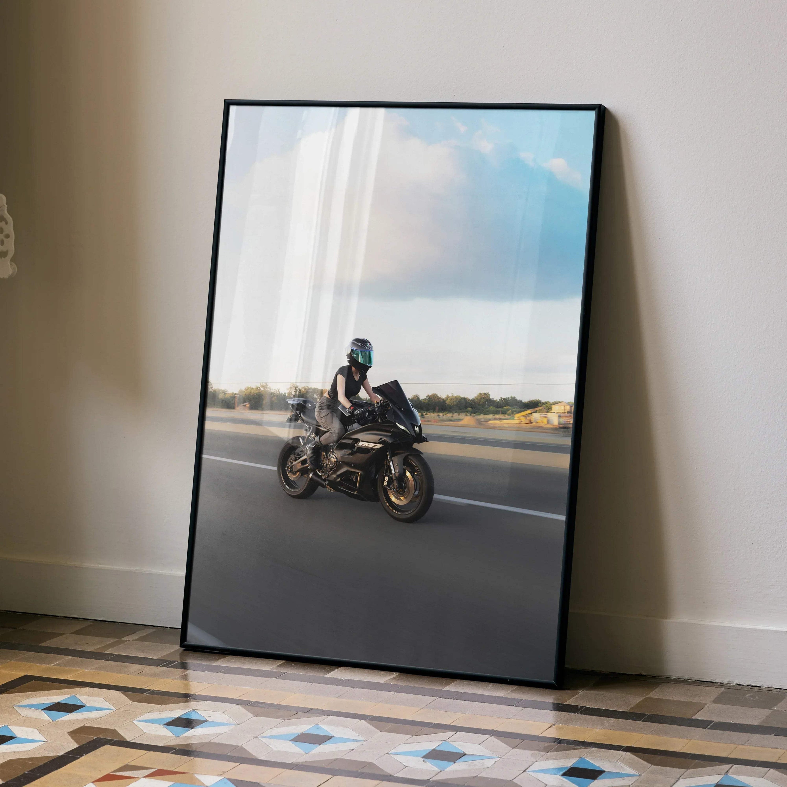Biker Poster #101 - Female | AGV Pista Helmet | Yamaha R7 Motorcycle | Rolling Shot - Throttle Designs