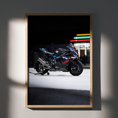 BMW M1000RR motorcycle poster in black with blue and red accents, modern wall art design.