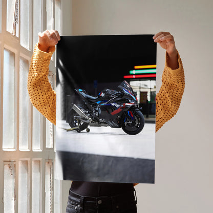 BMW M1000RR motorcycle poster with sleek black and blue racing design wall art.