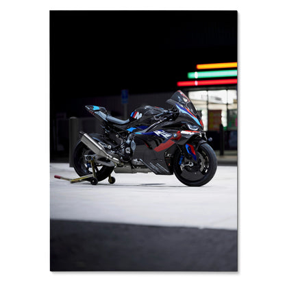 BMW M1000RR motorcycle featured on black background poster wall art for riders.