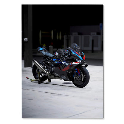 BMW M1000RR motorcycle poster showcasing sleek black and blue sportbike against dark background wall art.