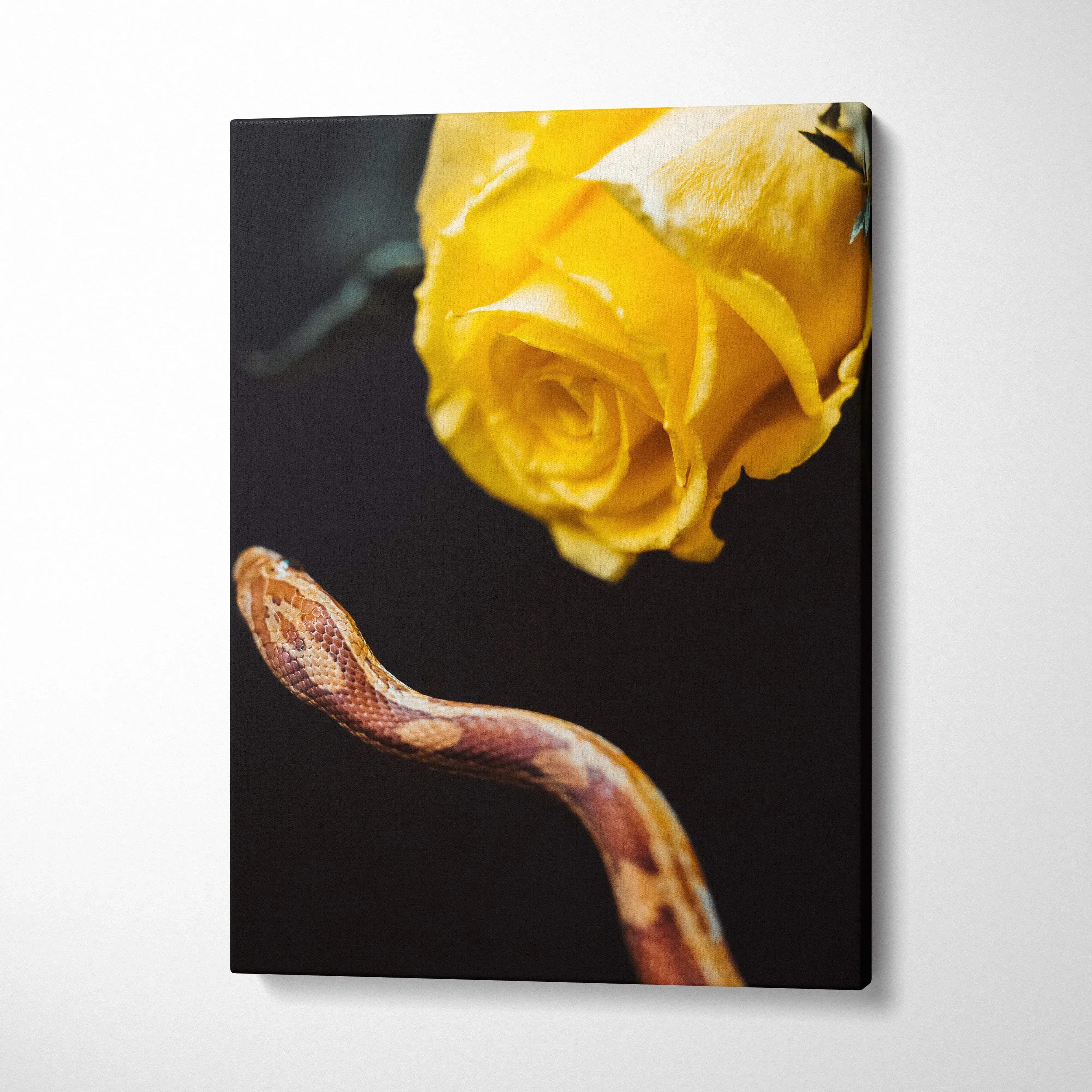 Vibrant yellow rose and brown snake canvas wall art in botanical style
