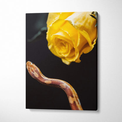Vibrant yellow rose and brown snake canvas wall art in botanical style