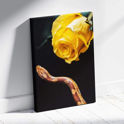 Vibrant yellow rose and patterned snake canvas wall art in botanical style