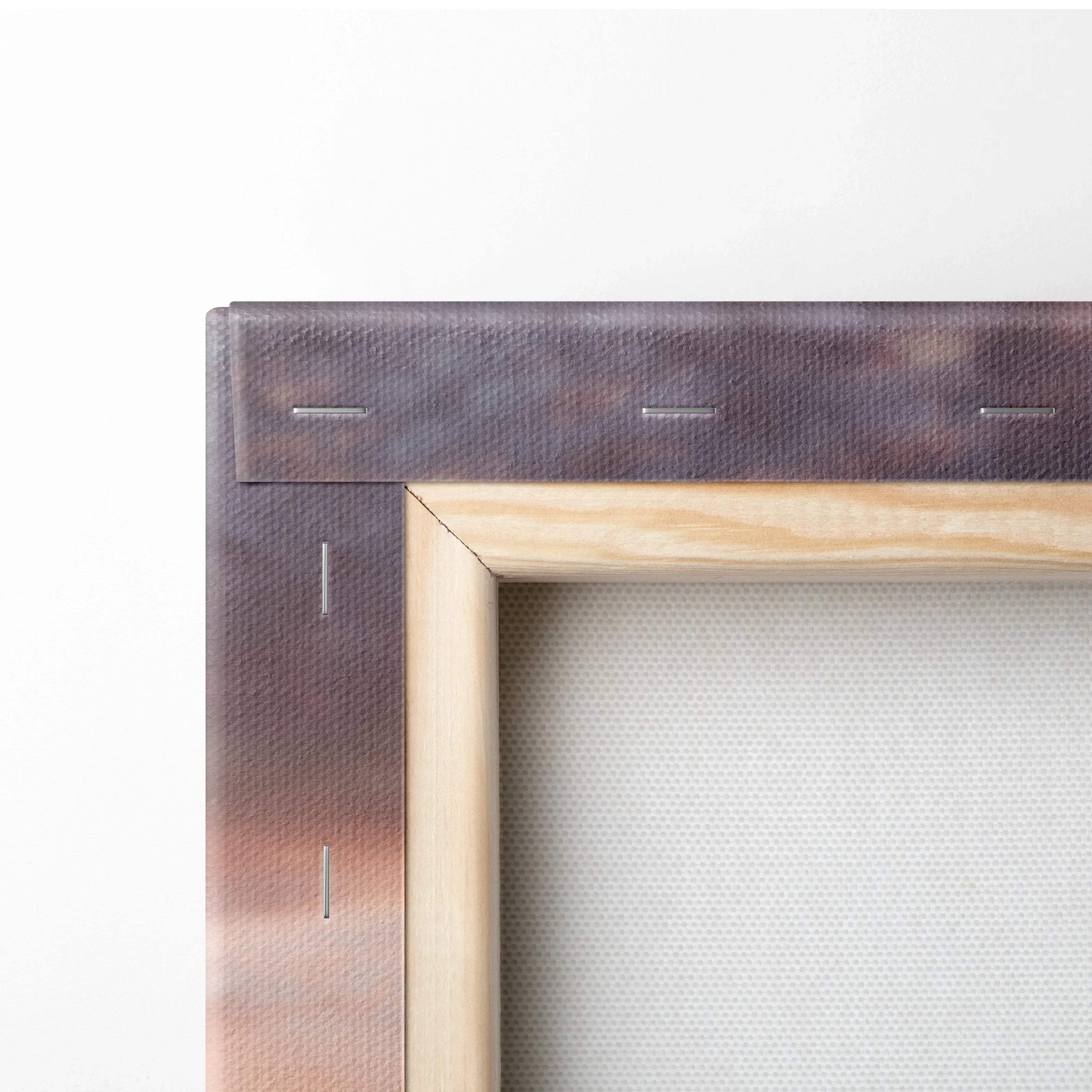 Close-up of wooden frame and stretched canvas texture for vertical wall art print.