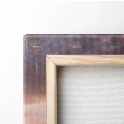 Close-up of wooden frame and stretched canvas texture for vertical wall art print.