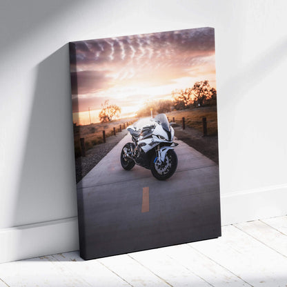 BMW S1000RR motorcycle against a sunset on a vertical canvas wall art print.