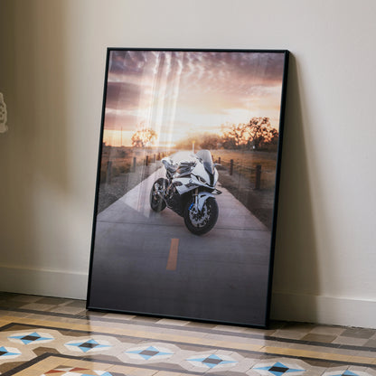 BMW S1000RR motorcycle poster with sunset background, stylish wall art in black frame.
