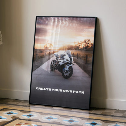 Motivational poster wall art with BMW S1000RR motorcycle on open road at sunset, text "Create Your Own Path".