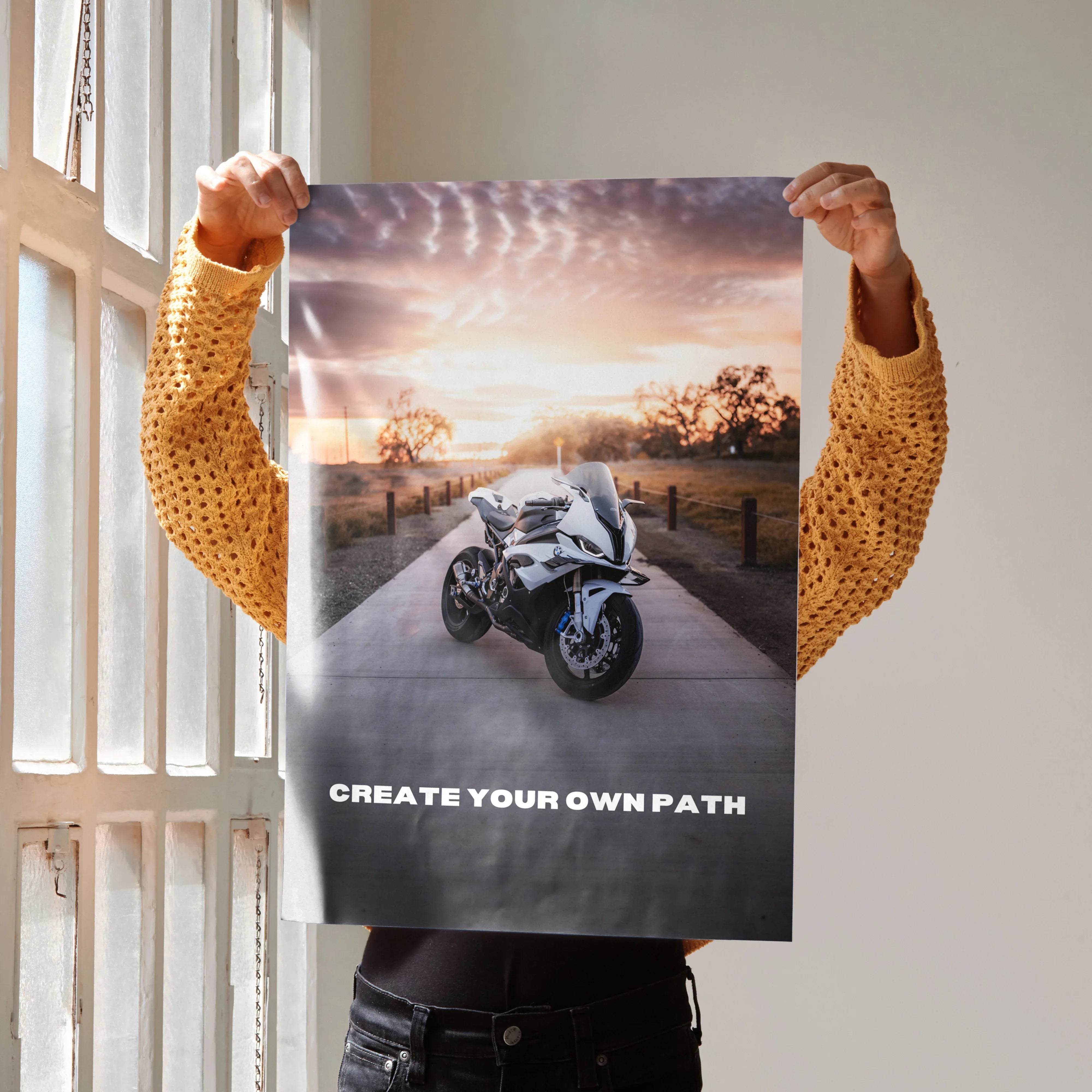 Motivational poster wall art featuring a BMW S1000RR motorcycle with inspiring "Create Your Own Path" text.