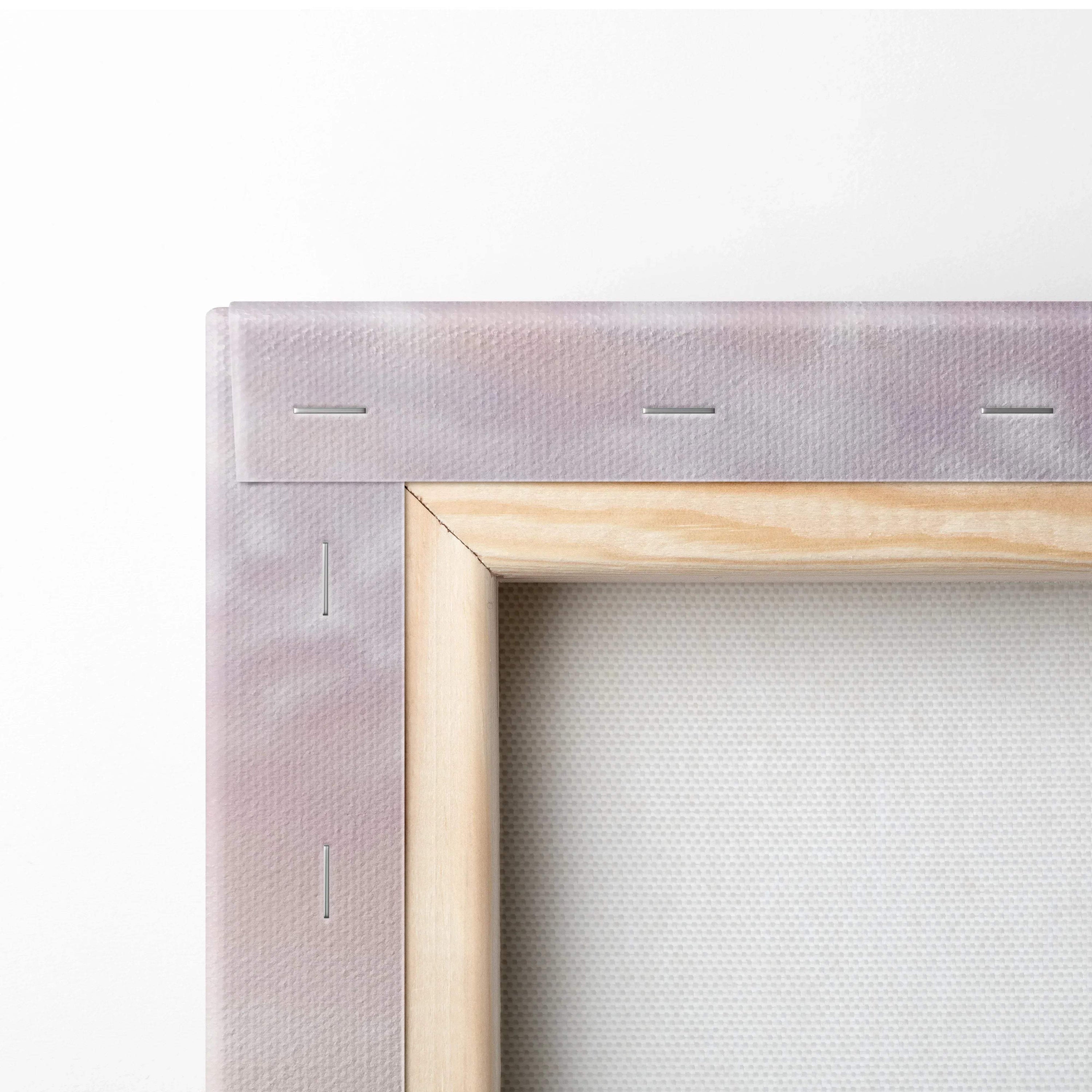 Close-up of wooden frame corner and canvas fabric texture for vertical wall art print.