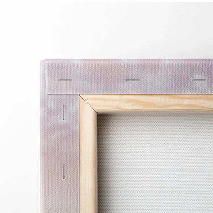 Close-up of wooden frame corner and canvas fabric texture for vertical wall art print.