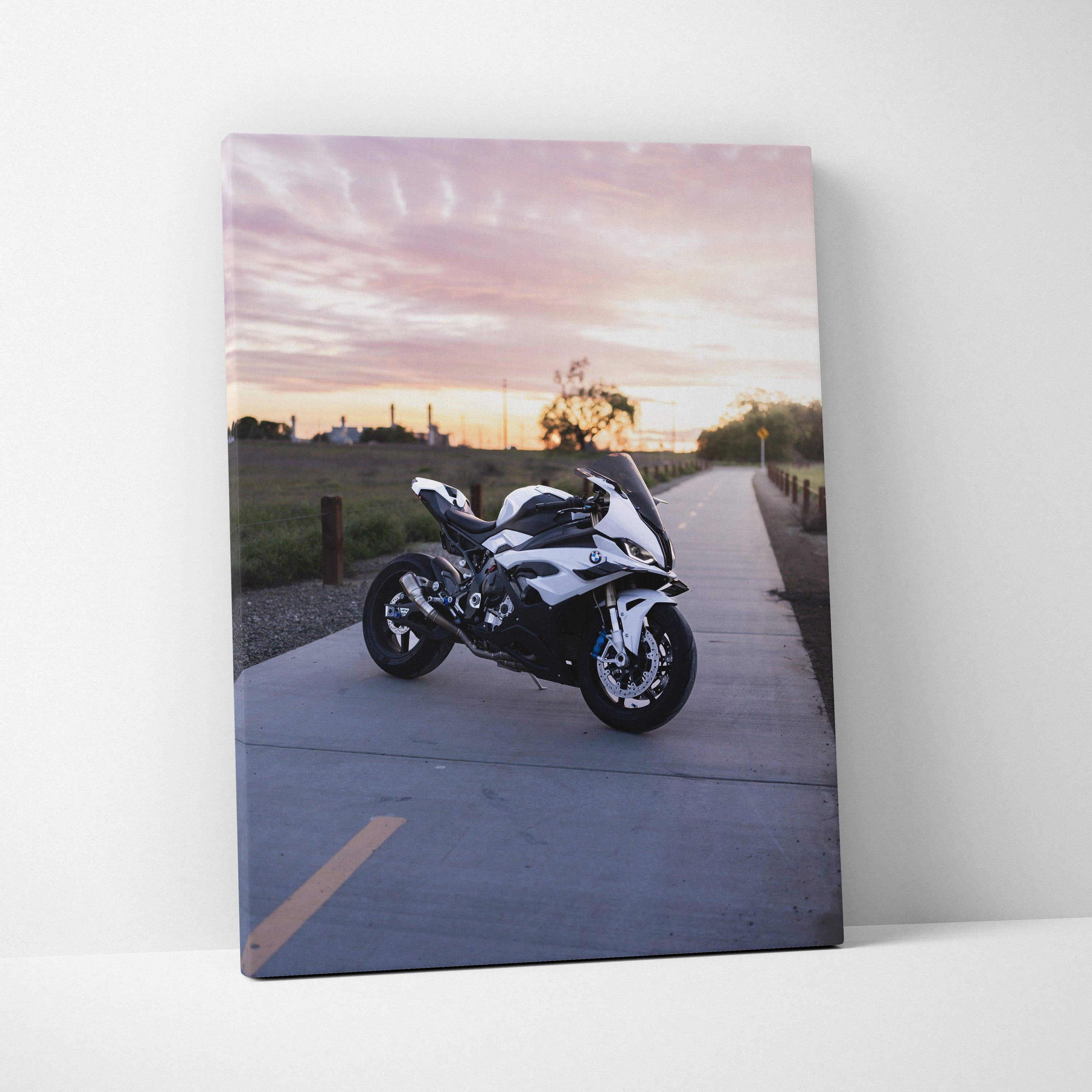 BMW S1000RR motorcycle parked on sunset-lit path, high-resolution canvas wall art print.