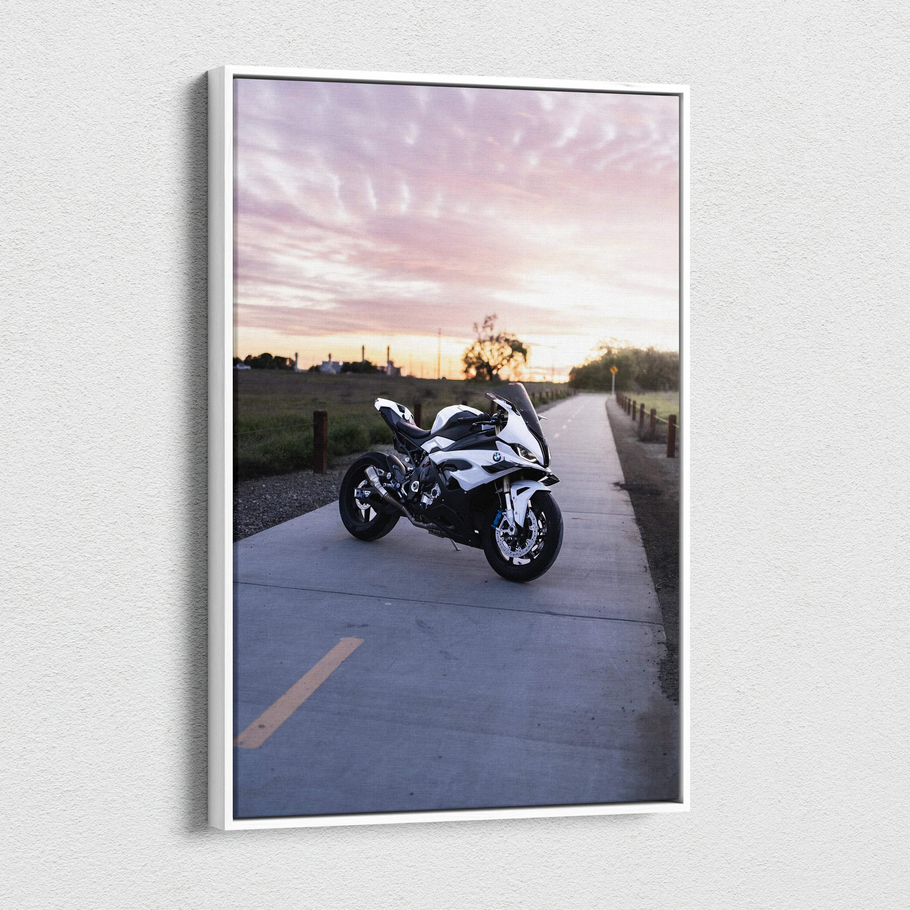 BMW S1000RR motorcycle canvas wall art with sunset sky and open road, vertical museum quality print.
