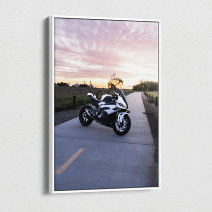 BMW S1000RR motorcycle canvas wall art with sunset sky and open road, vertical museum quality print.
