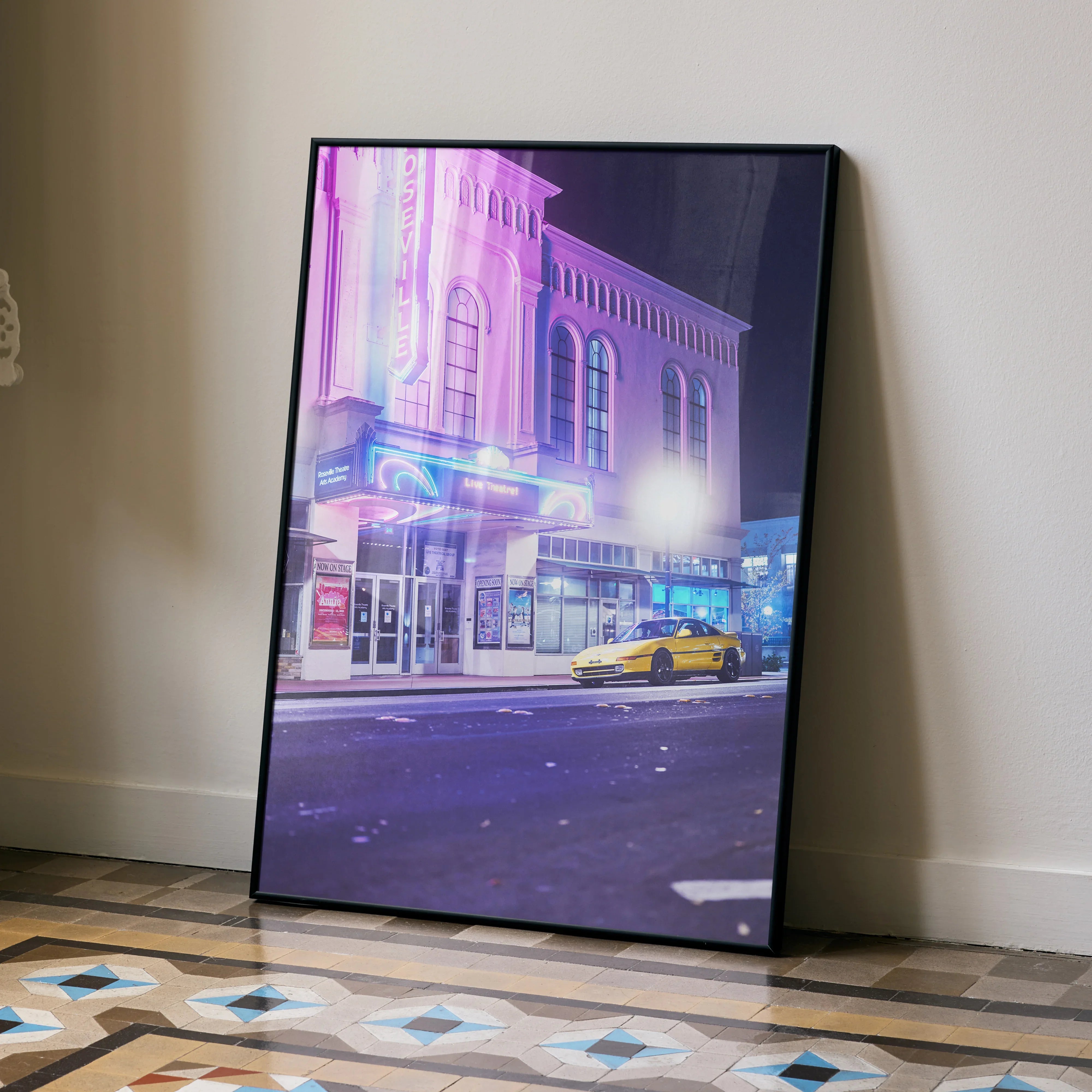 Toyota MR2 Classic Car poster with vibrant purple-lit building as wall art, urban night scene.