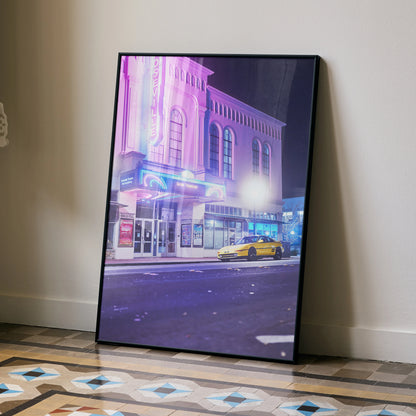 Toyota MR2 Classic Car poster with vibrant purple-lit building as wall art, urban night scene.