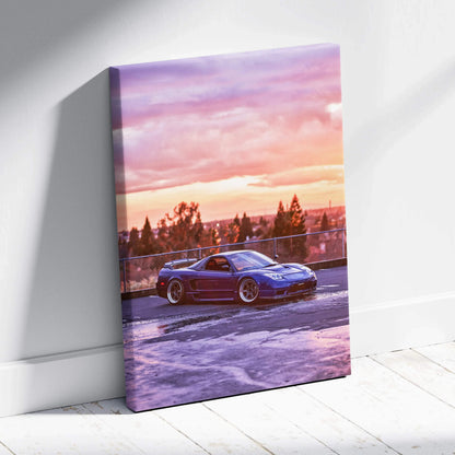 Vertical canvas wall art featuring a blue Acura NSX sports car at sunset with pink and purple sky.