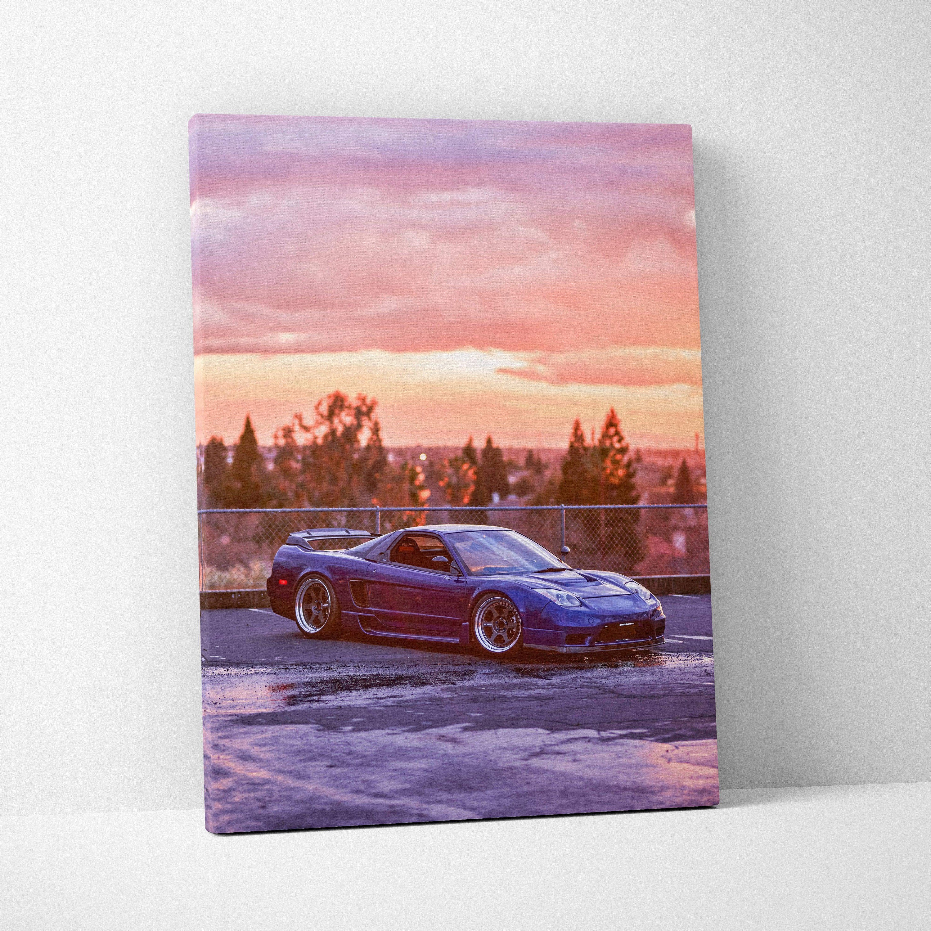 Vertical canvas wall art featuring a blue Acura NSX sports car at sunset with cityscape background.