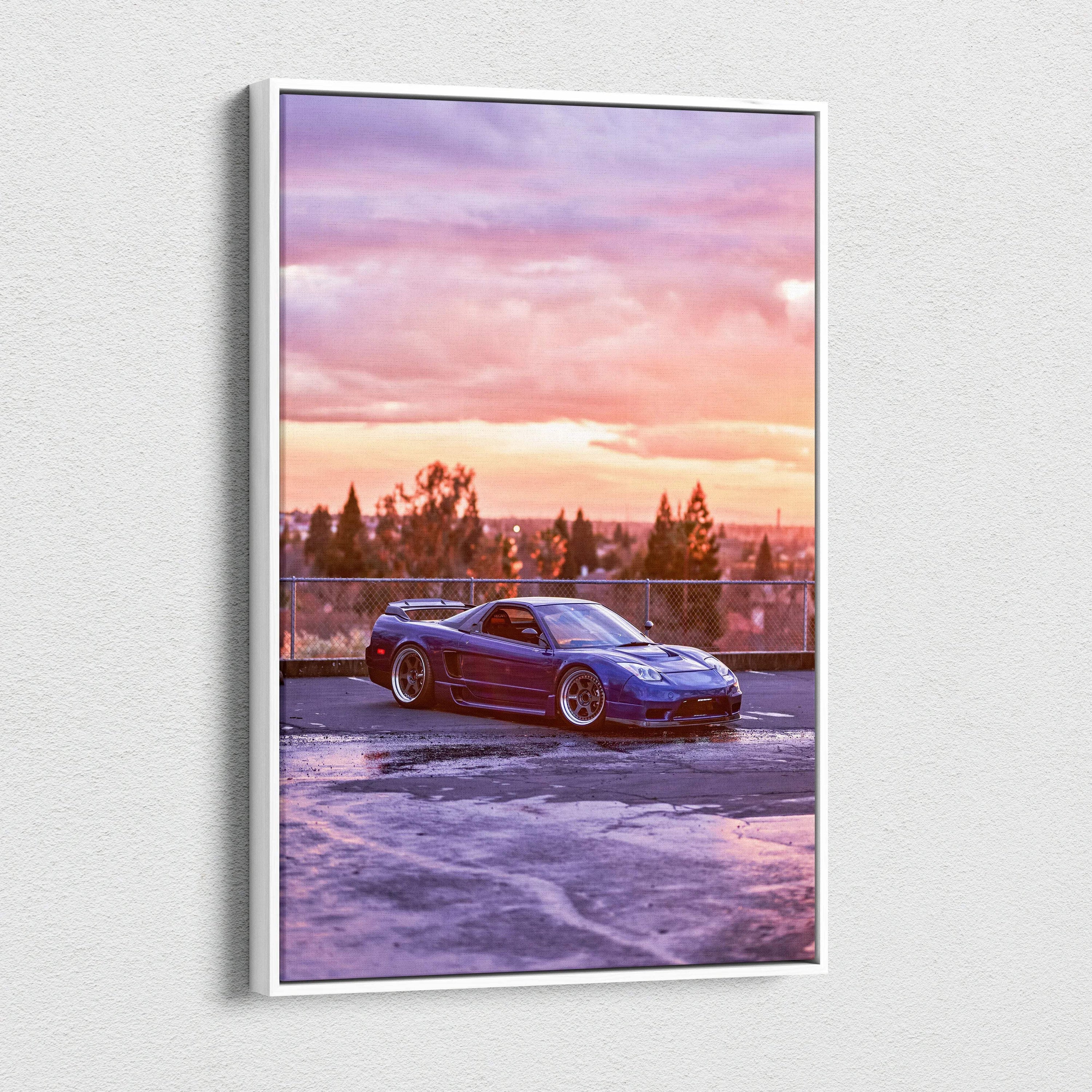 Vertical canvas art of a blue Acura NSX parked at sunset with vibrant sky background.