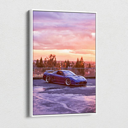 Vertical canvas art of a blue Acura NSX parked at sunset with vibrant sky background.