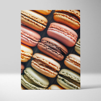 Canvas wall art featuring close-up of colorful macarons in pastel shades for home decor.
