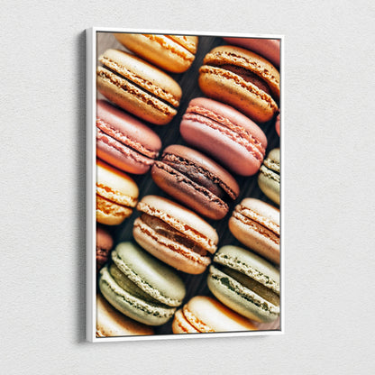 Canvas wall art featuring colorful macarons in shades of brown, pink, green, and cream, arranged in a grid pattern.