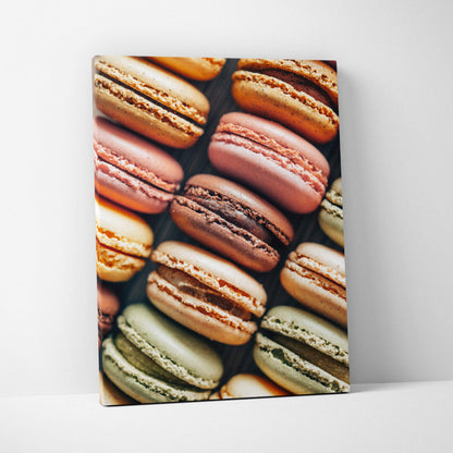 Canvas wall art featuring close-up of colorful macarons in pastel shades, perfect for food decor.