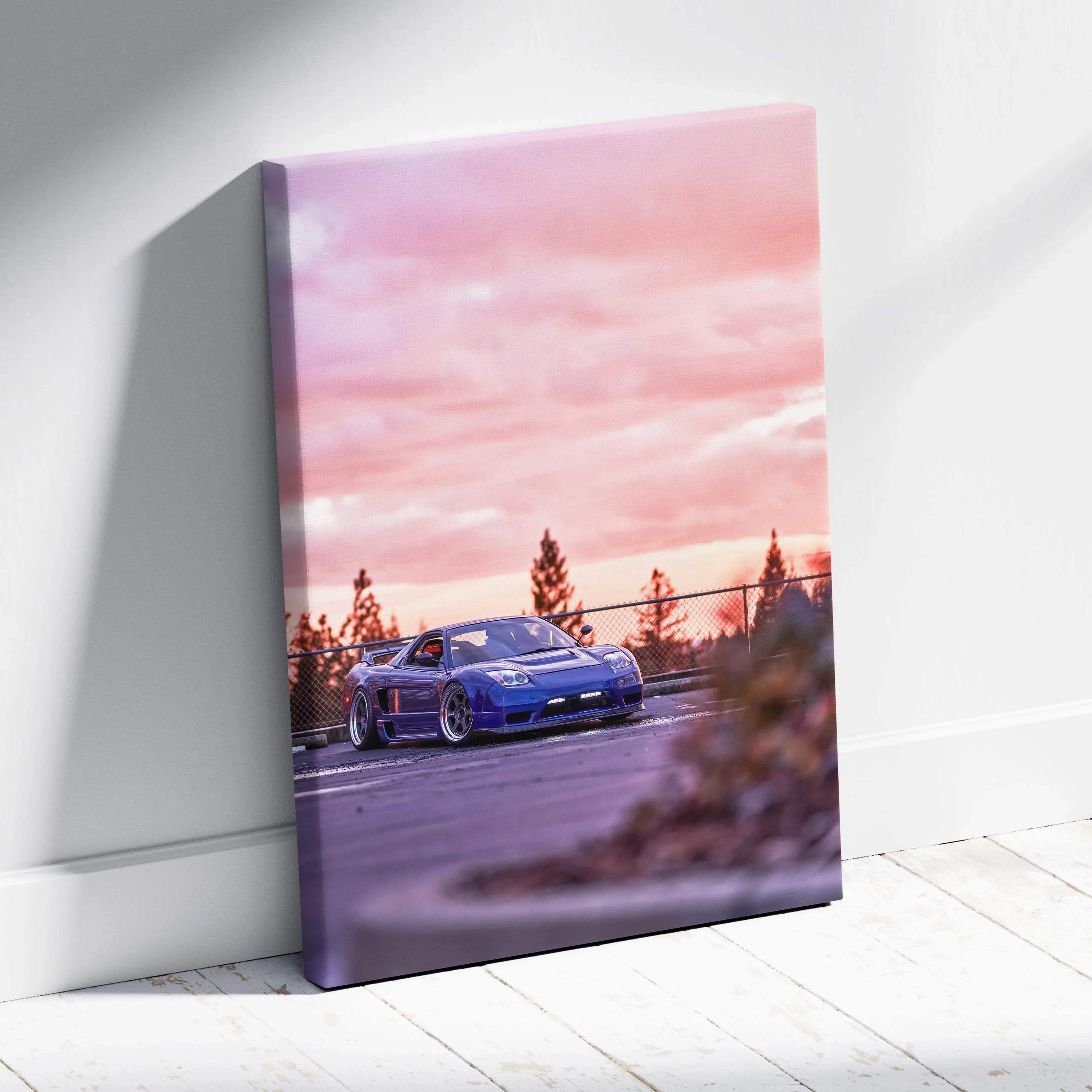 Vertical canvas wall art featuring a blue Acura NSX sports car under a pink sunset sky.