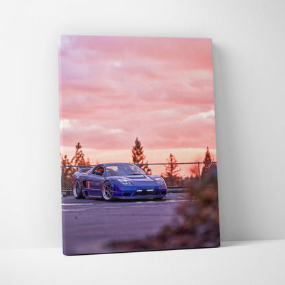 Vertical canvas art featuring a blue Acura NSX sports car under a pink sunset sky, modern wall art.