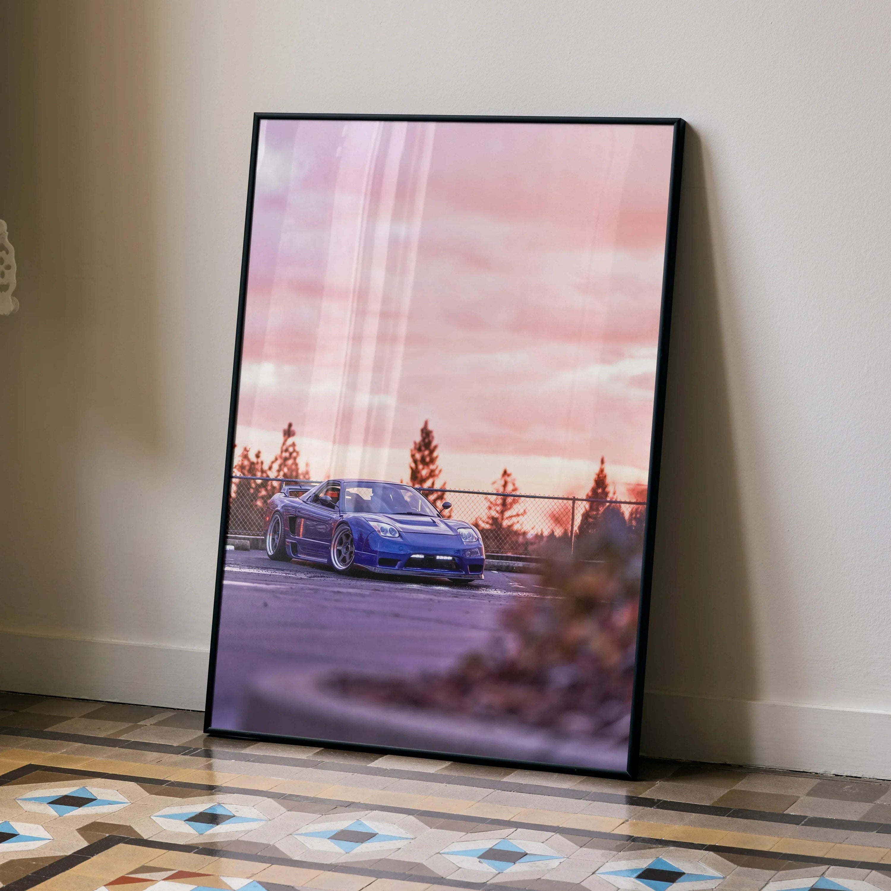 Acura NSX sports car poster with pink sunset background, modern wall art print.
