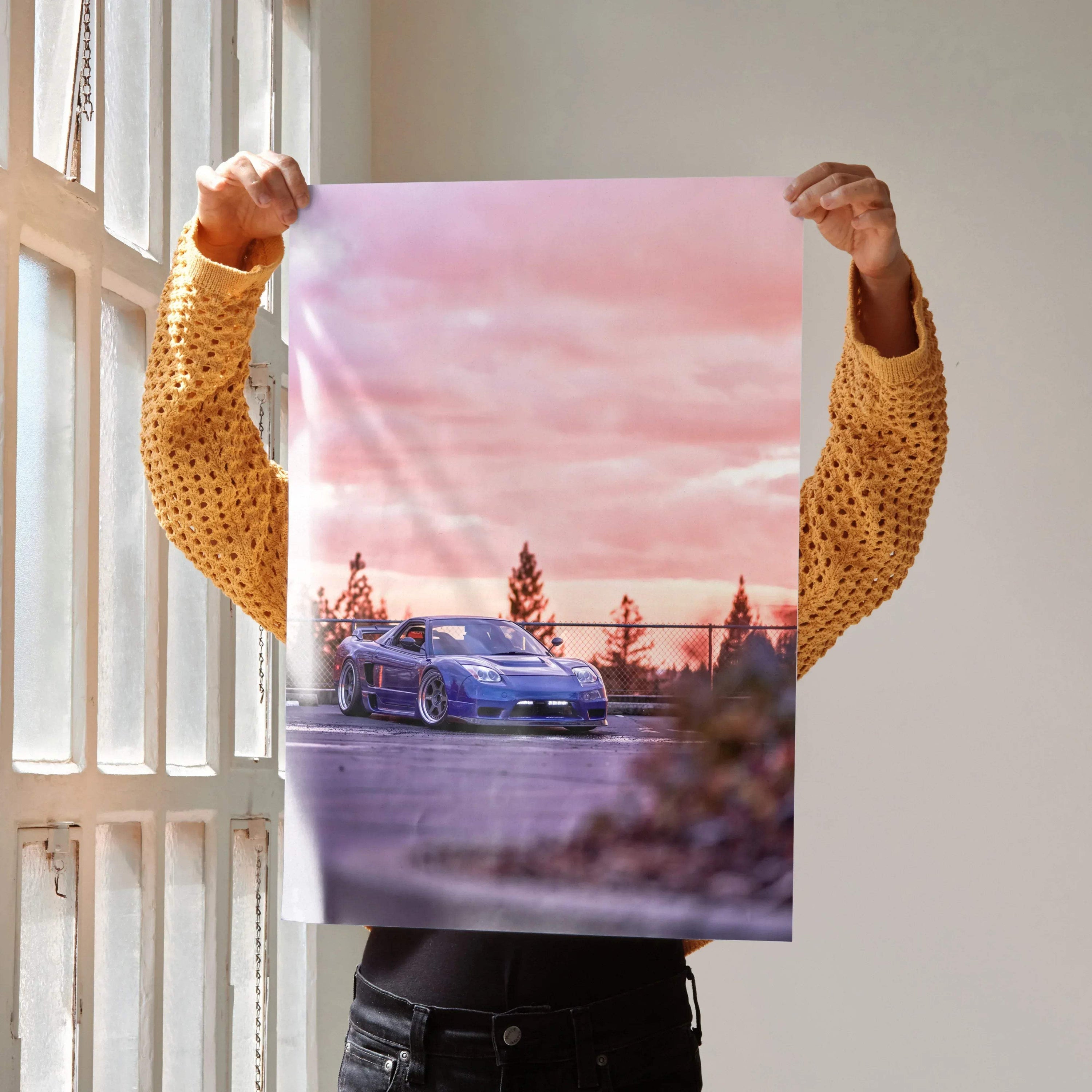 Acura NSX poster featuring a blue sports car at sunset, modern wall art design.