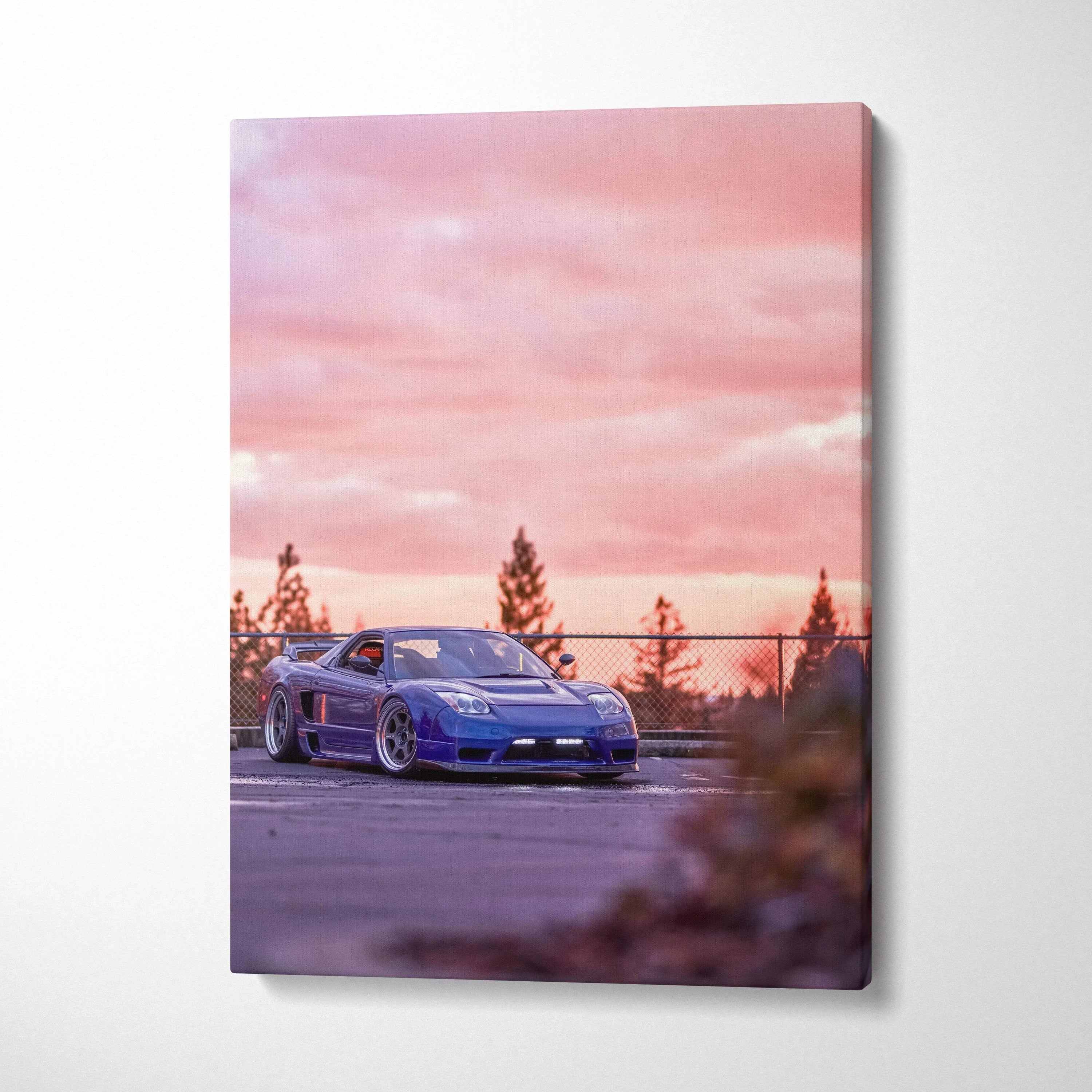 Vertical canvas art featuring a blue Acura NSX car with a pink sunset sky background.