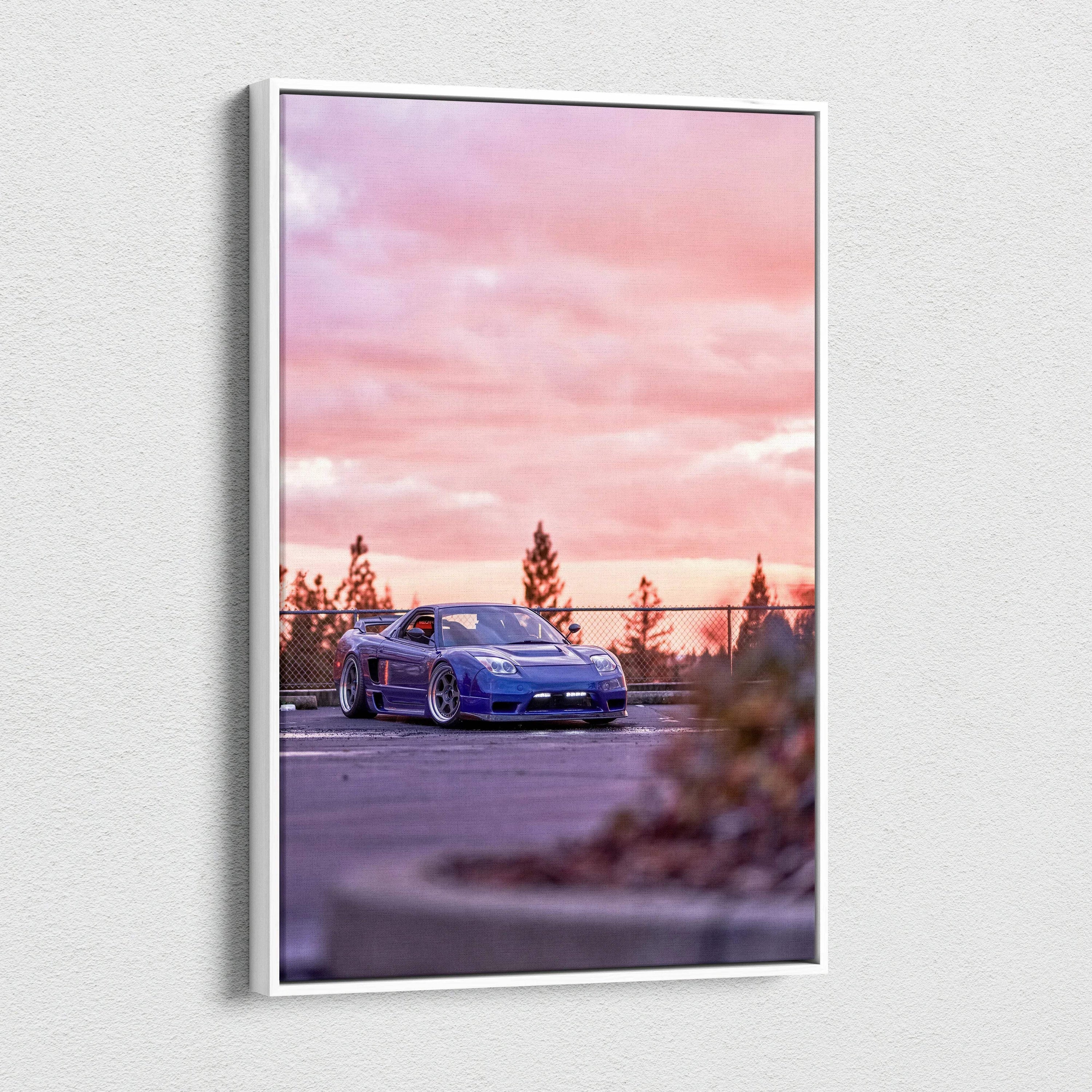 Vertical canvas wall art featuring a blue Acura NSX against a pink and purple sunset sky.
