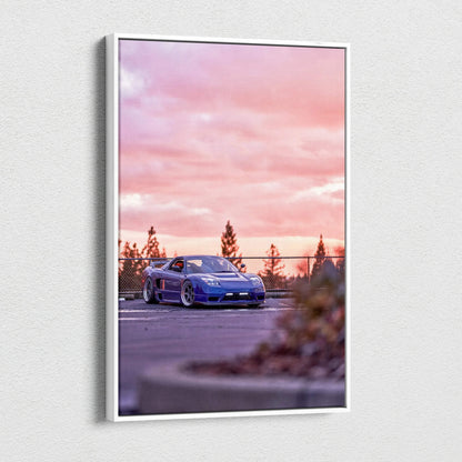Vertical canvas wall art featuring a blue Acura NSX against a pink and purple sunset sky.