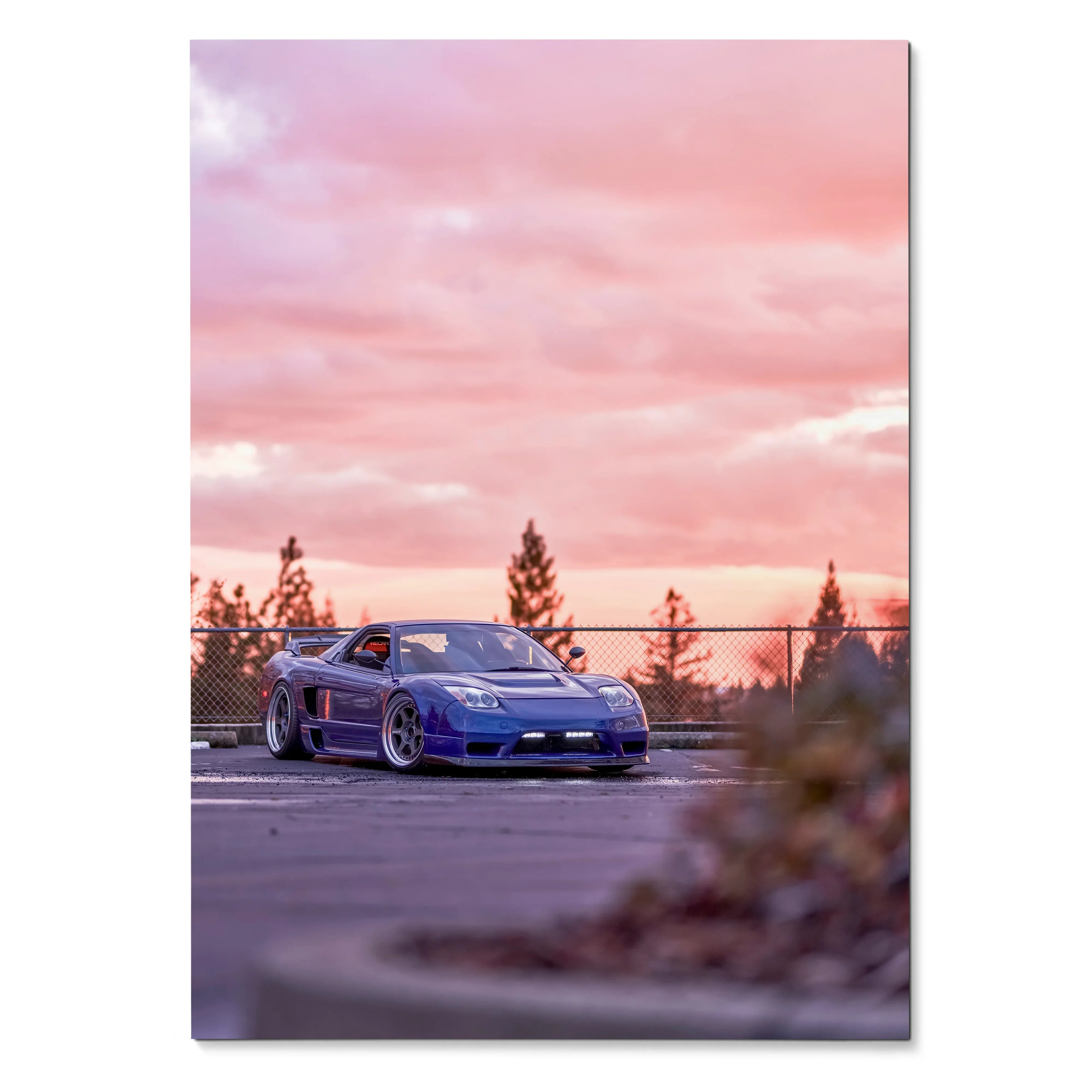 Acura NSX blue sports car with pink sunset sky poster wall art.