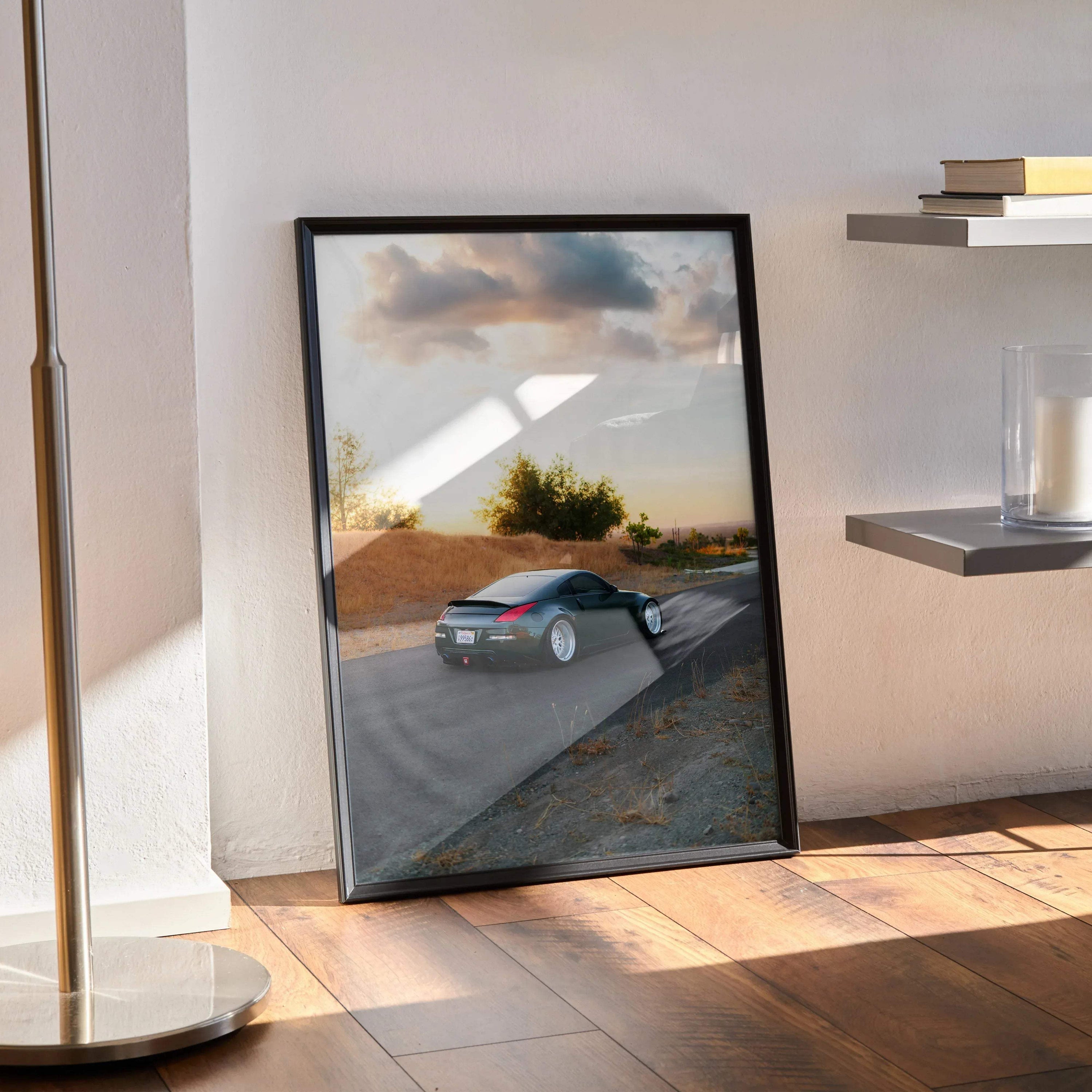Nissan 350z car poster with scenic sunset background leaning against wall as modern wall art.