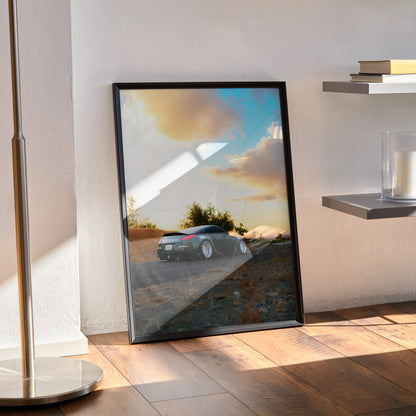 Nissan 350Z high resolution poster leaning against wall with sunset sky and scenic background, framed wall art.