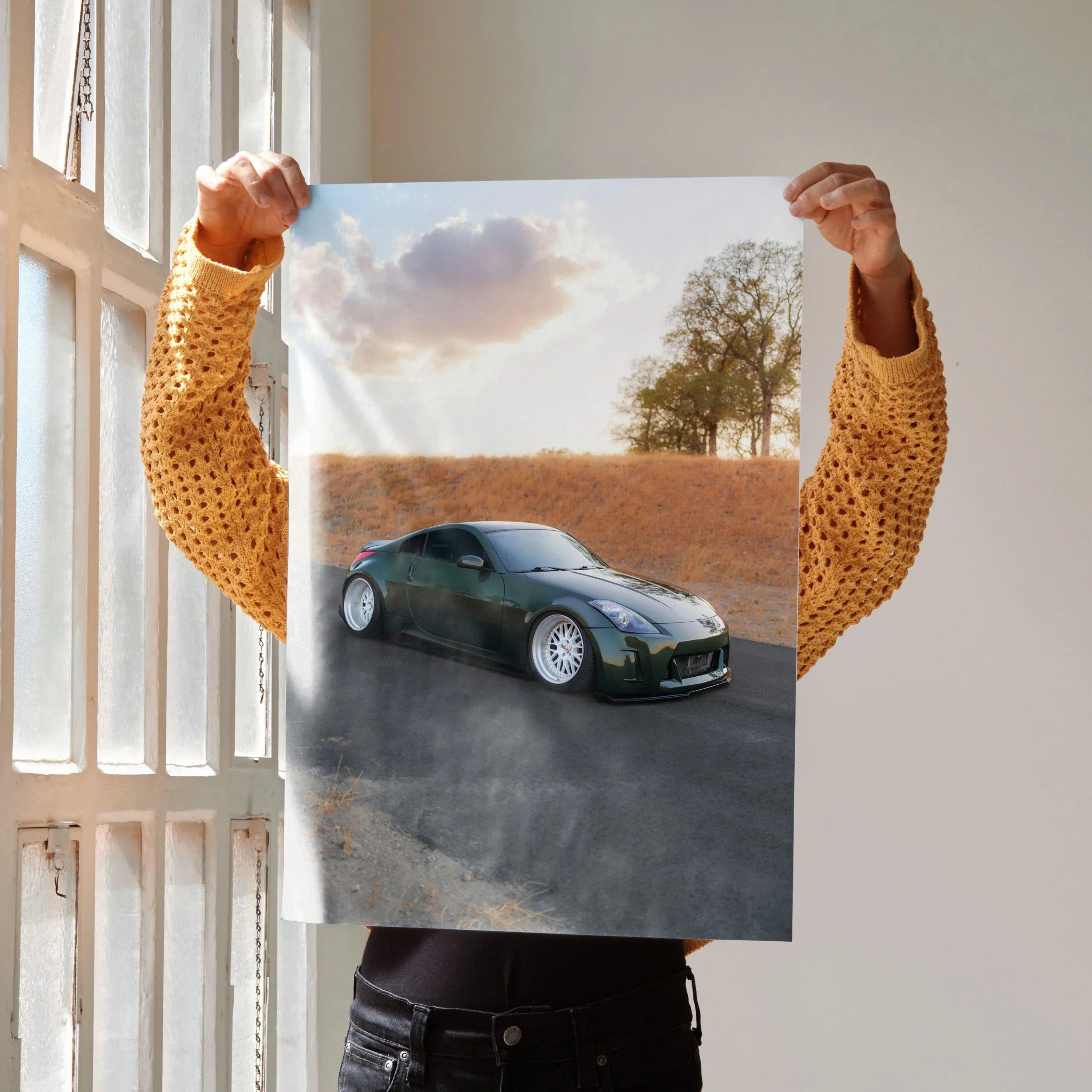 Nissan 350z car driving on road with cotton field background poster wall art.