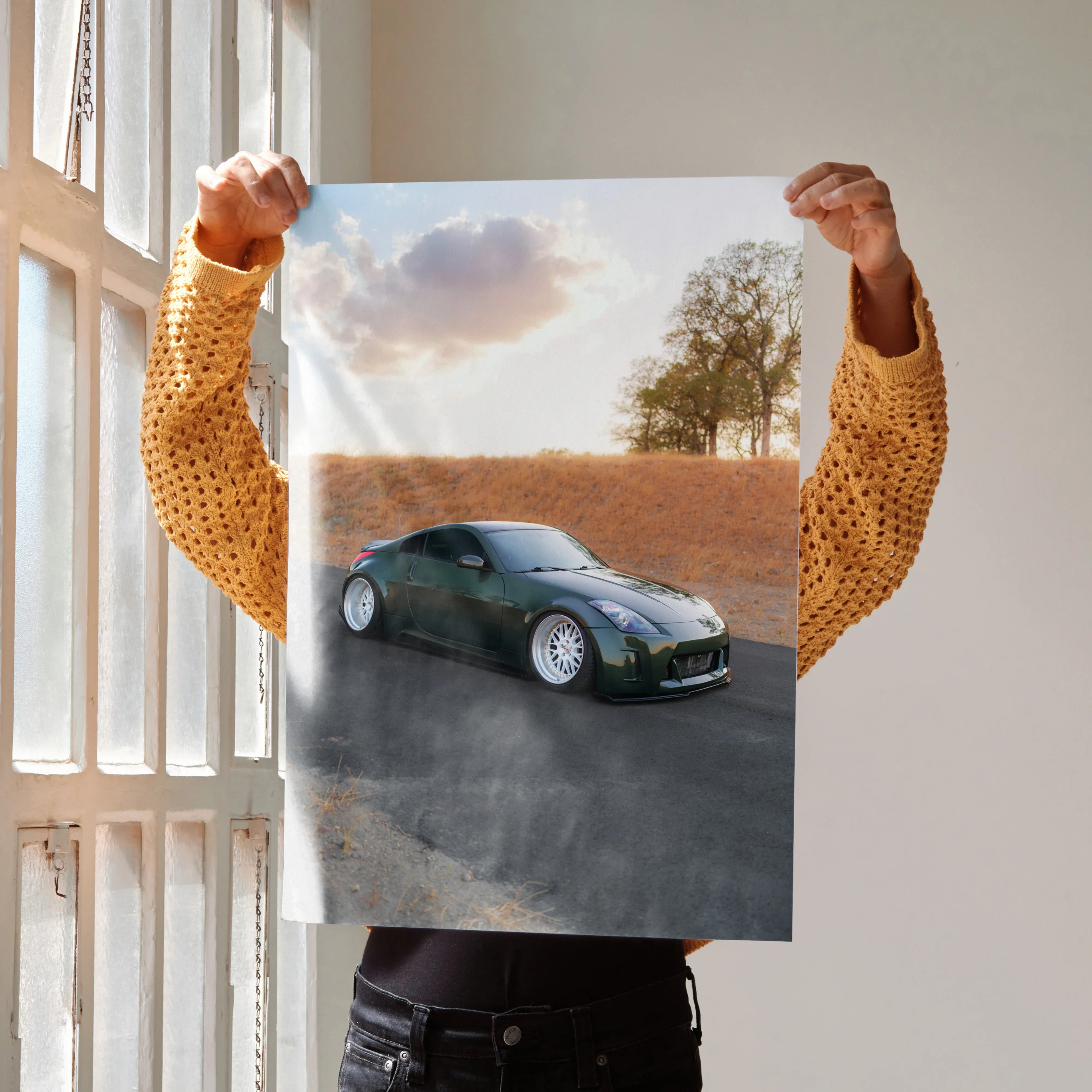 Nissan 350z car driving on road with cotton field background poster wall art.