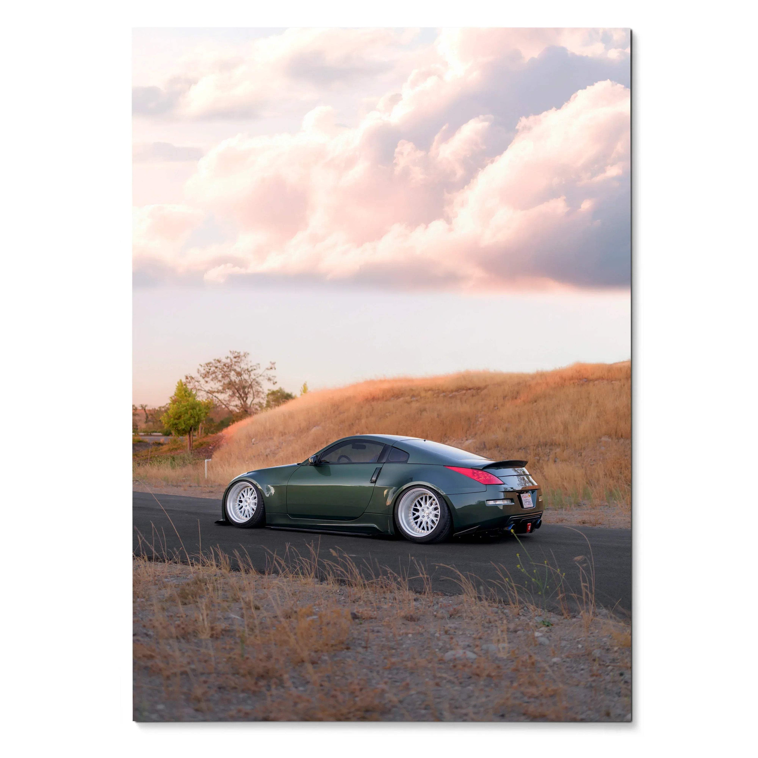 Nissan 350z parked on roadside at sunset with cloudy sky poster wall art.