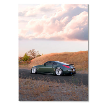 Nissan 350z parked on roadside at sunset with cloudy sky poster wall art.