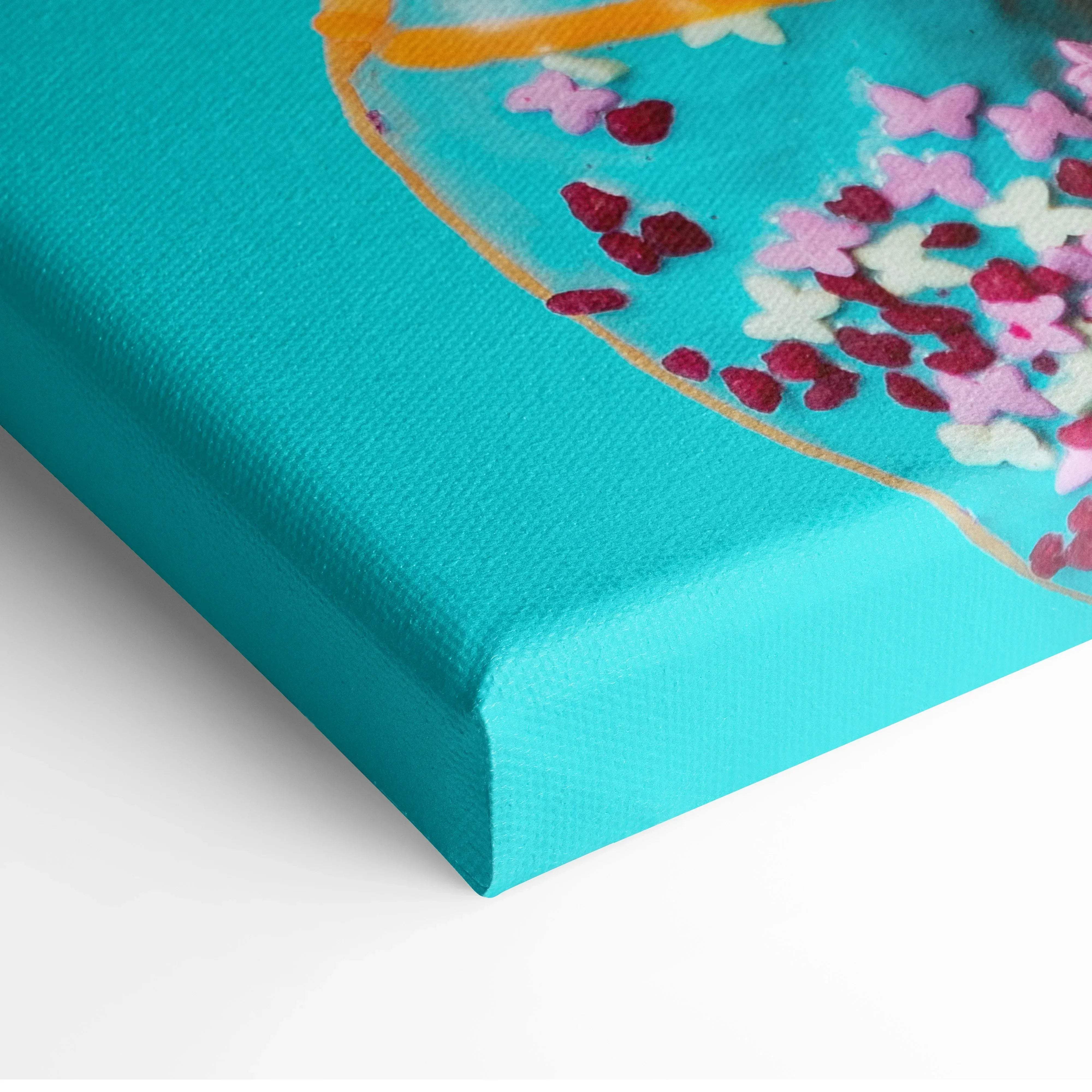 Bright pop art donuts canvas wall art with vibrant turquoise background and pink white deep red butterflies design