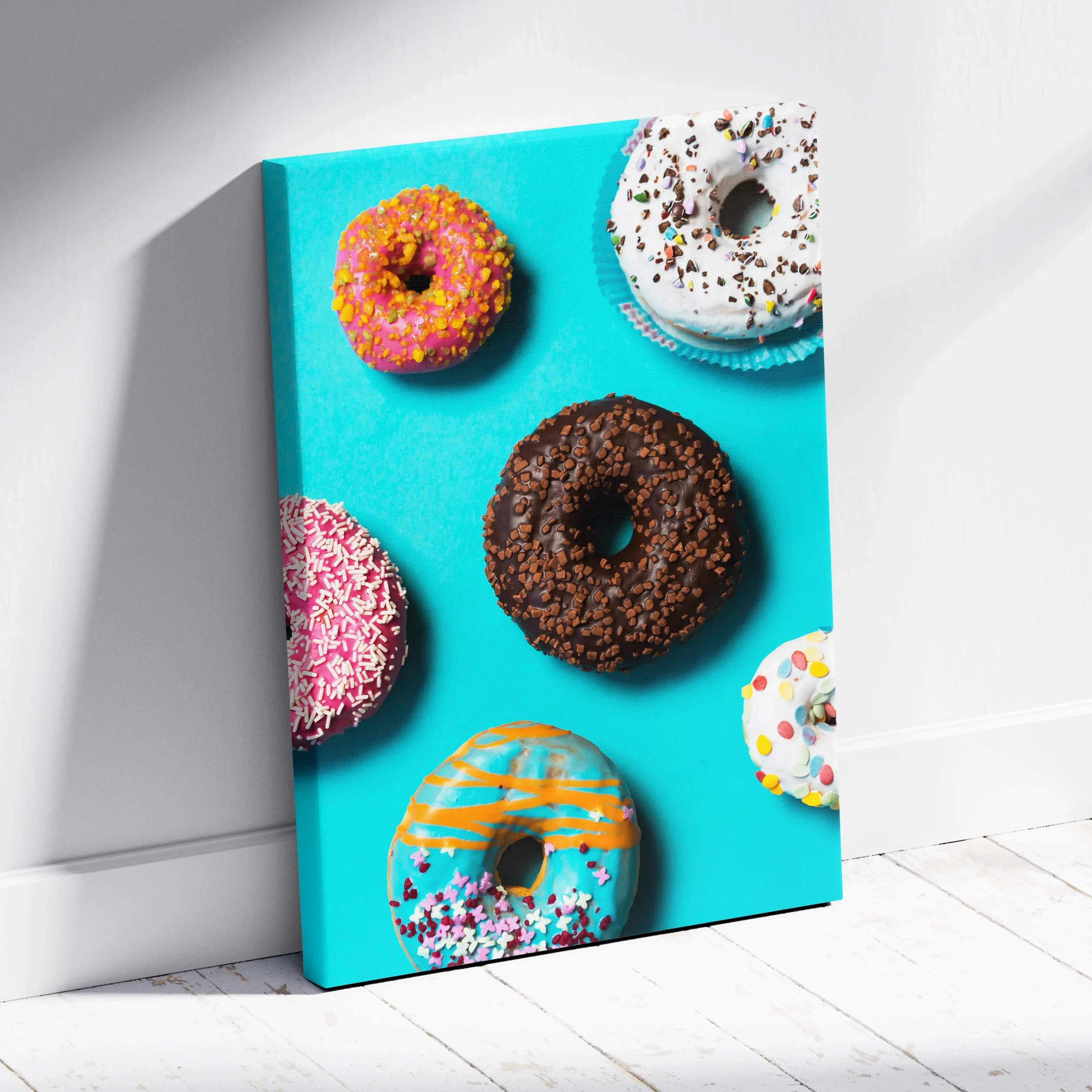 Vibrant turquoise canvas print featuring colorful sprinkle covered donuts bright pop art wall decor